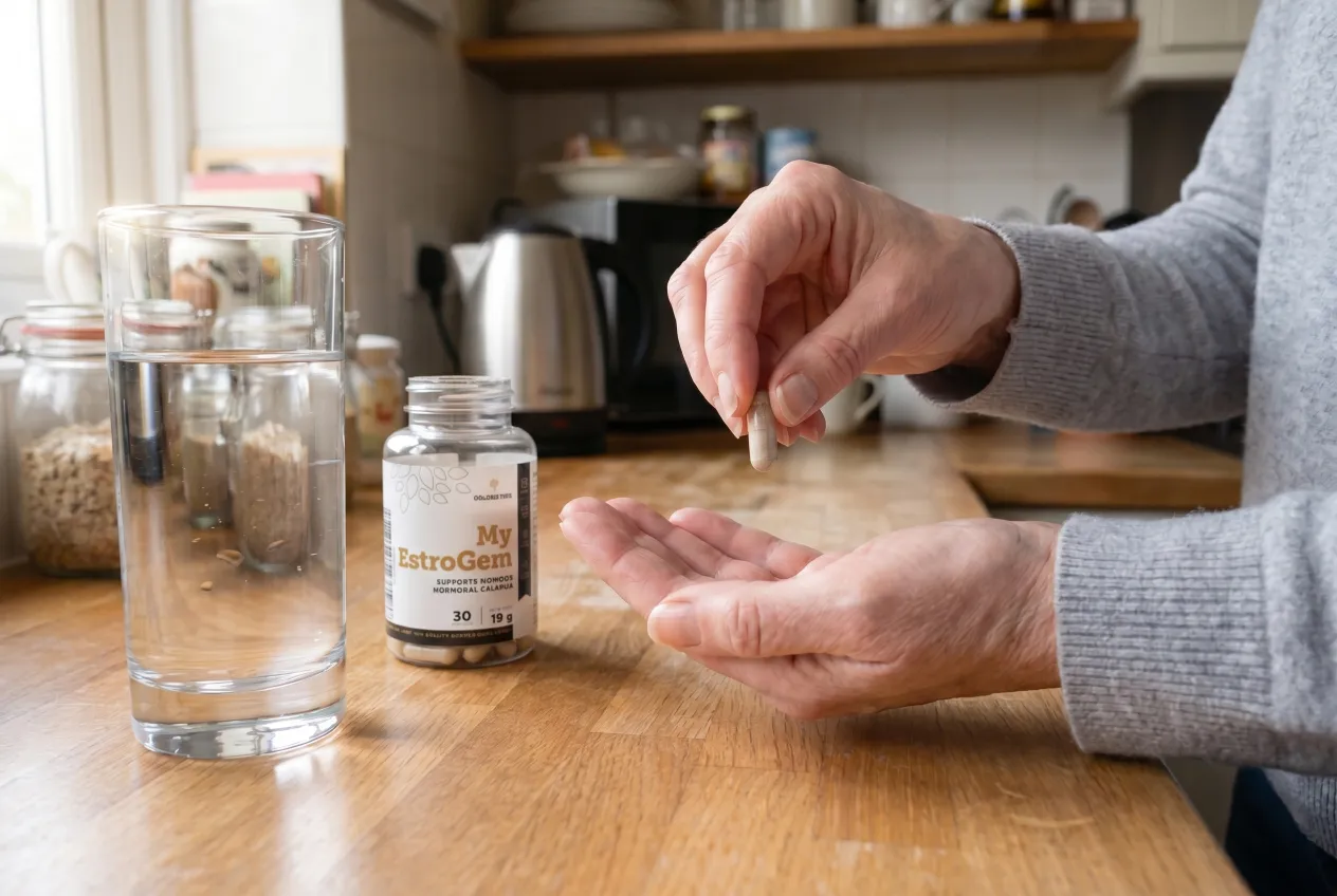 Golden Tree My EstroGem capsule supplement on a neutral surface.