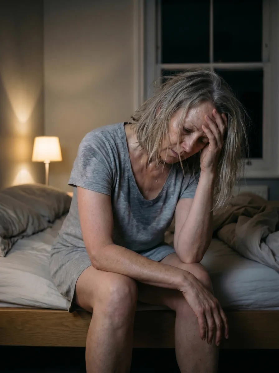 A woman in her mid-fifties sitting on the edge of a bed at night, looking exhausted.